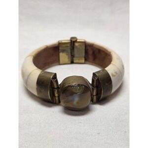 Vintage Bangle Bracelet Women Bone Cream Brass Agate Inlay Hinge Pin Boho Ethnic